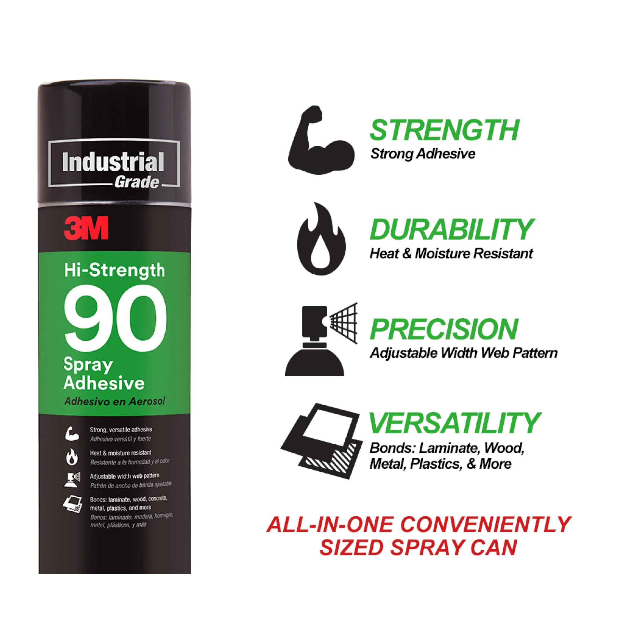 3M Hi-Strength 90 Spray Adhesive 500g can with a clear, transparent spray nozzle, ideal for bonding various materials.